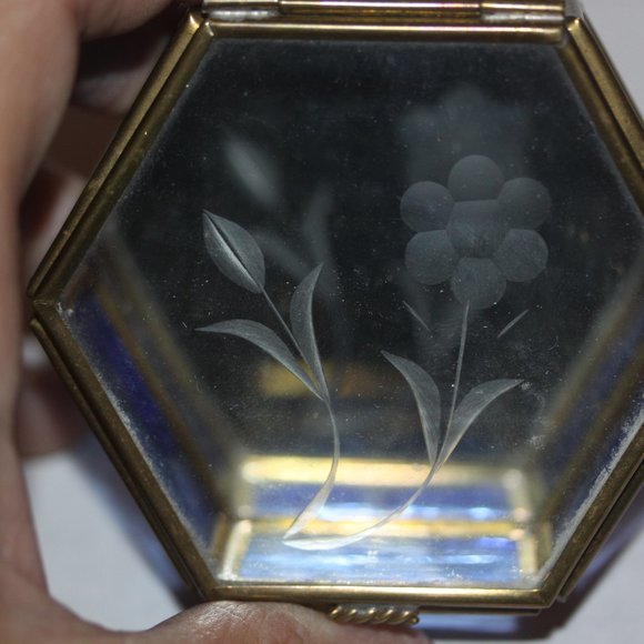 Vintage Glass Etched Flower Blue Clear Brass Trinket Jewelry Box - Picture 2 of 4